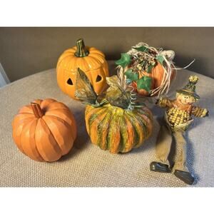 Fall Autumn Halloween Pumpkins (4) and Scarecrow Vintage Home Decor--Lot of 5
